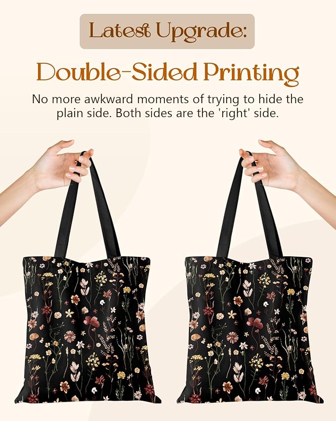 Miss Adola Canvas Tote Bag for Women – Aesthetic Canvas Bag with Zipper Cute Stylish Reusable Shoulder Totes for Shopping Work Daily Vacation, Black Grow Flower