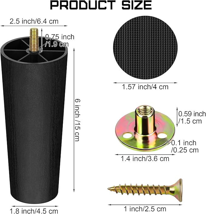 TURSTIN 16 Pack 6 Inch Plastic Furniture Legs with M8 T-Nuts Screws Tapered Sofa Couch and Chair Legs Replacement Furniture Legs for DIY Projects Sofas Coffee Tables Dressers Beds