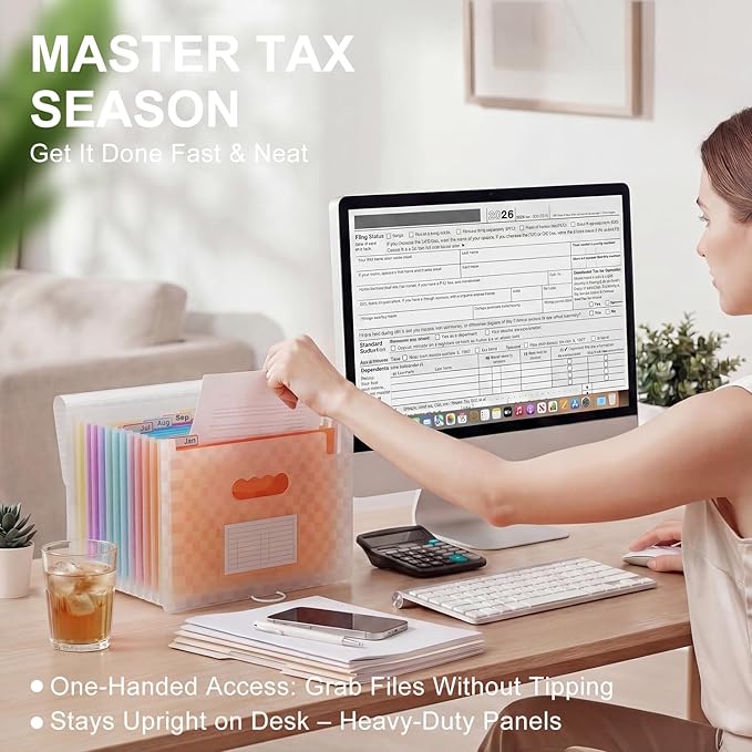 ThinkTex Accordion File Organizer, 12 - Pocket Expanding File Folders for Paper Receipts, Bills&Taxes Organizer, Letter/A4 Size Document Holder for School, Office, Home with Colorful tabs-Orange