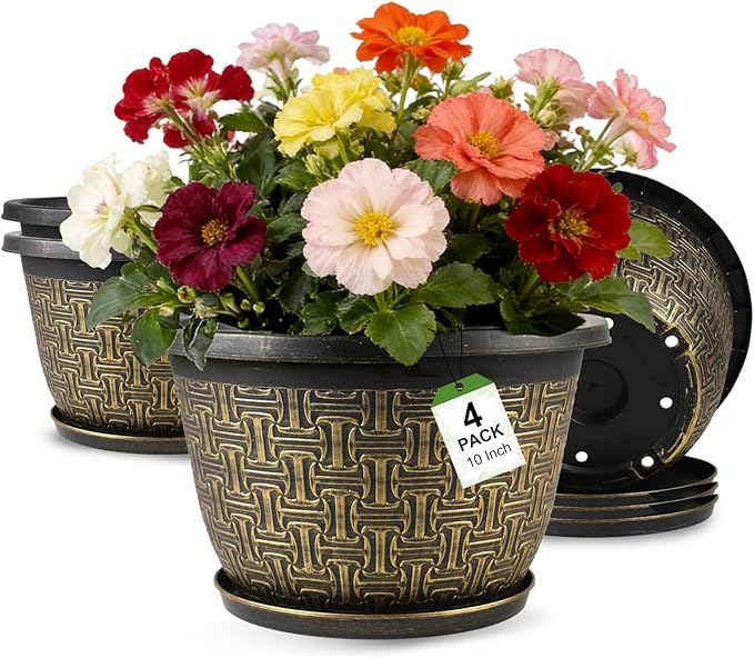 Nooulap 10 Inch 4 Pack Flower Pots for Outdoor, Plant Pots Outdoor with Drainage Holes and Trays, Retro Antique Imitation Plastic Garden Pots for Planter Indoor (Gold)