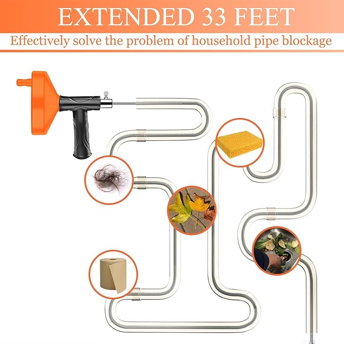 Drain Snake Auger 33 Feet, Plumbing Snake Drain Hair Clog Removal Tool, Sink Unclogger Drain, Heavy Duty Toilet Snake Auger, Cleaner Tool for Bathroom Kitchen Tub Shower Drain Clog Remover with Gloves