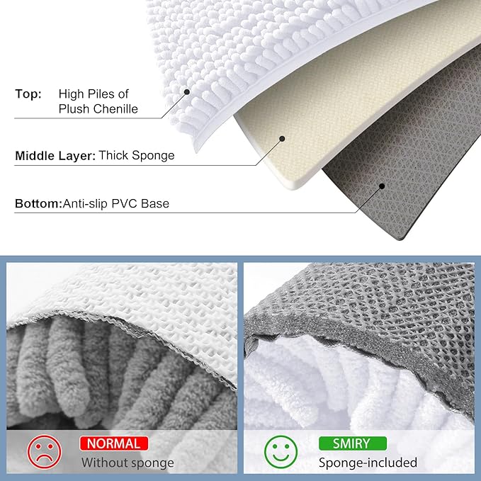 Smiry Luxury Chenille Bathroom Rugs 59x20, Extra Soft and Absorbent Shaggy Bath Mat, Machine Washable, Non-Slip Plush Carpet Runner for Tub, Shower, and Floor, Home Decor Accessories, White