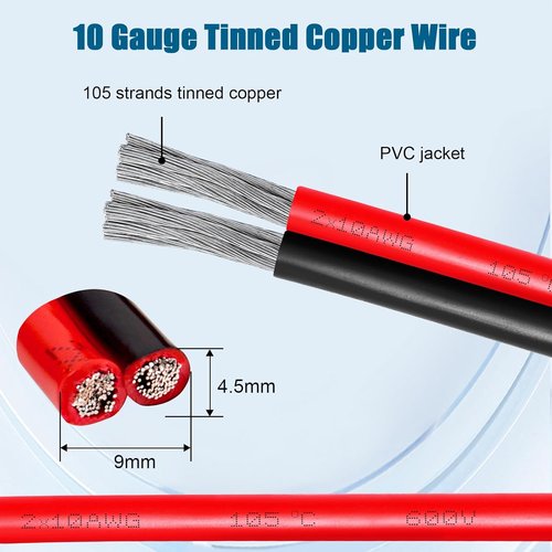 10 Gauge Tinned Copper Wire - Flexible 10 AWG Marine Cable for Solar Panels, LED Strips & More | 30FT
