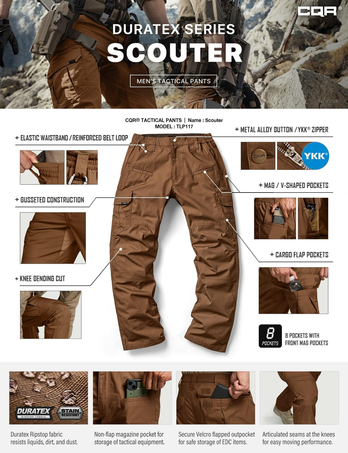 CQR Men's Tactical Pants, Water Resistant Ripstop Cargo Pants, Lightweight EDC Work Hiking Pants, Outdoor Apparel, Raider Copper Brown, 40W x 34L