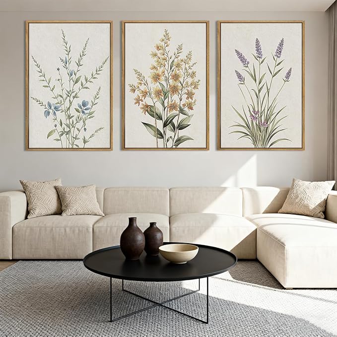 Anyzal Large Framed Botanical Wall Art 16x24 Inch Modern Floral Canvas Art Prints Neutral Beige Wildflower Wall Decor for Living Room Bedroom Dining Room Office Set of 3