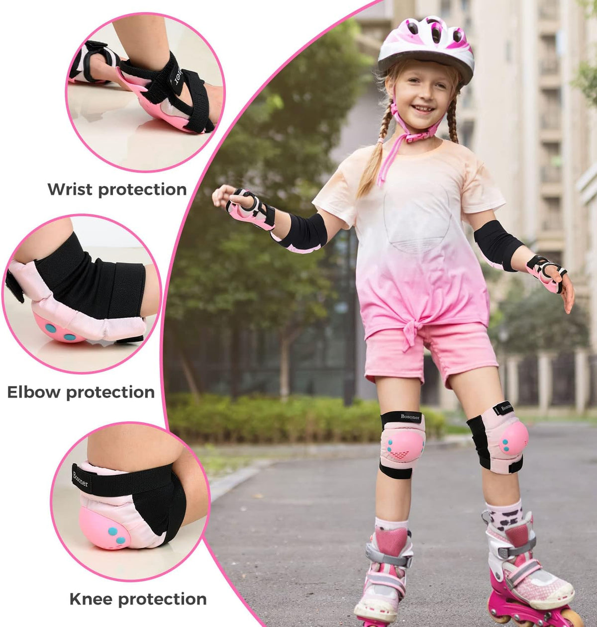 BOSONER Kids Protective Gear Set - Knee Pads, Elbow Pads & Wrist Guards for Ages 3-15 | Ideal for Roller Skating, Cycling & BMX