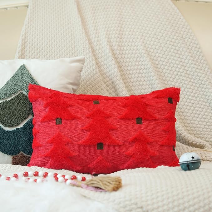 GEEORY Christmas Pillow Covers 12x20 Inch Set of 2, Christmas Decorations Xmas Tree Soft Plush Fluffy Faux Fur Decorative Throw Pillows Farmhouse Winter Cushion Case Red Brown GC035-12