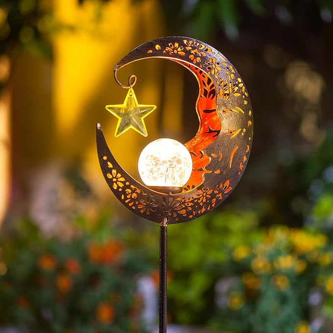 Solar Lights Outdoor Decor Moon Lantern for Patio,Lawn or Pathway Moon Decorations Crackle Glass Globe Stake Metal Lights Waterproof Warm LED Garden Gifts (Bronze)