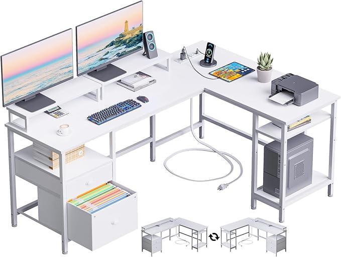 Furologee White 59” L Shaped Desk with Power Outlet, Reversible Computer Desk with File Drawer & 2 Monitor Stands, Corner Home Office Table with Storage Shelves for Gaming Writing