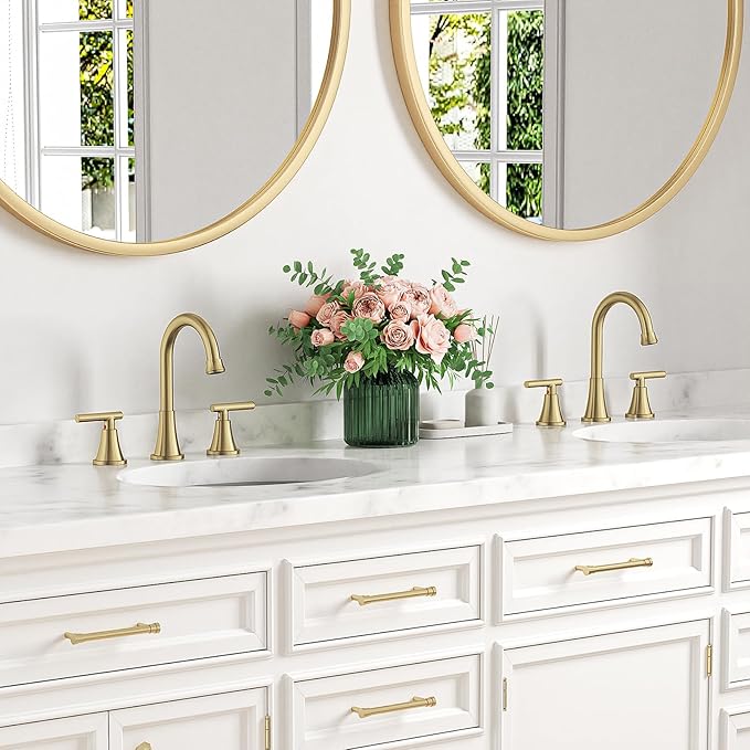 Bathroom Faucets for Sink 3 Hole, Hurran Brushed Gold Bathroom Sink Faucet with Pop-up Drain and Supply Lines, Stainless Steel Lead-Free Widespread Faucet for Vanity RV, 2 Pack