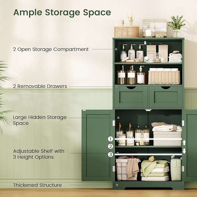 Iwell Bathroom Storage Cabinet with 2 Drawers & Adjustable Shelf, Storage Cabinet with Doors, Kitchen Pantry Storage Cabinets, Cupboard, for Living Room, Dining Room, Entryway, Green
