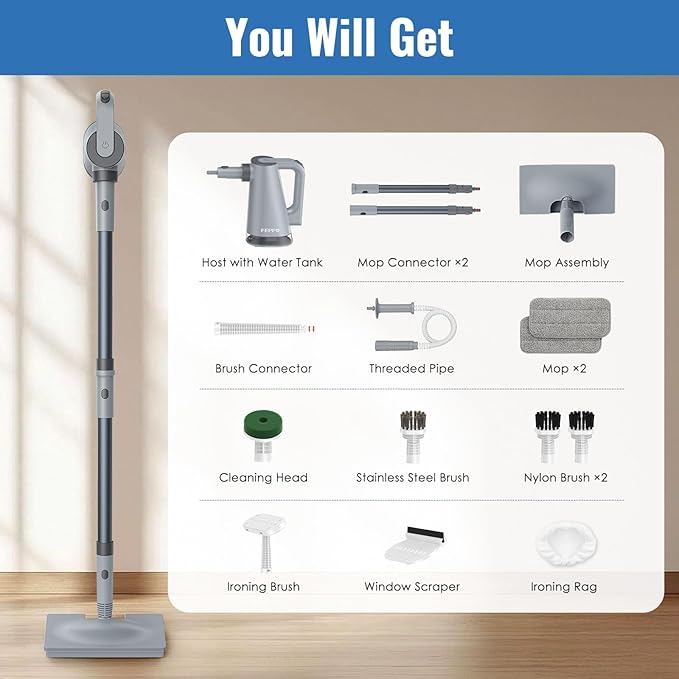 FEPPO Steam Mop & Detachable Handheld Steam Cleaner for Home and Floor Cleaning, 15s Heat-Up, 230°F Floor Steamer for Deep Cleaning with Multi-purpose Attachments Hardwood Floors, Tile,Grout,Furniture