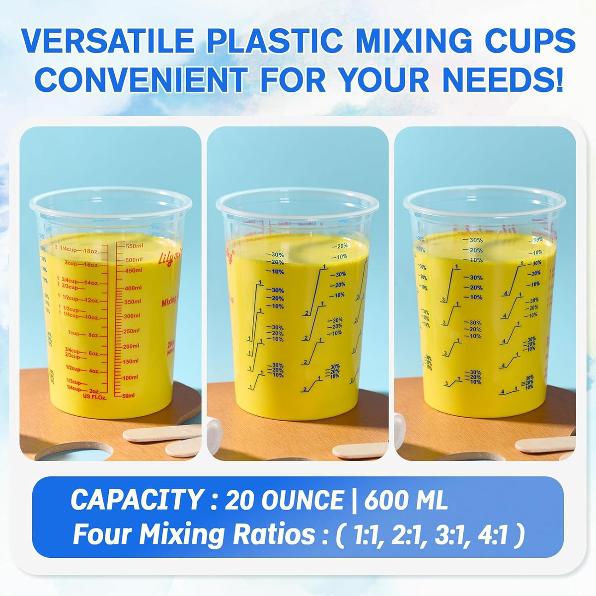 50 Pack Plastic Mixing Cups, 20 oz (600ml), Disposable Measuring Cups with 50 Wooden Mixing Sticks, Measurement ratios: 2:1, 3:1, 4:1, Suitable for Epoxy Resin, Liquid Measuring, and Paint