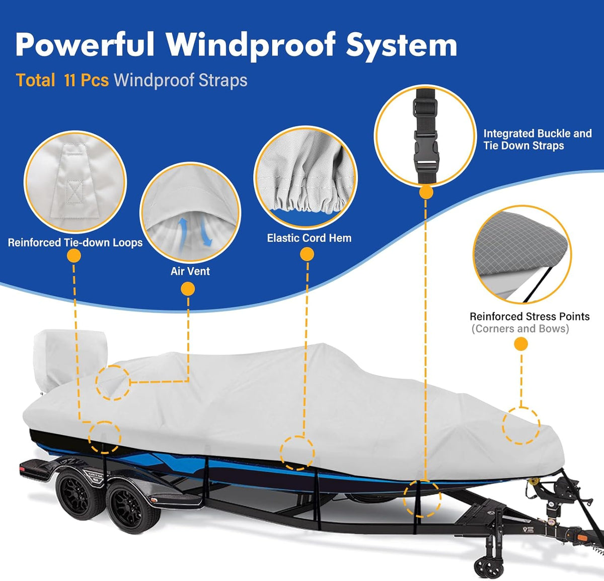 1200D Waterproof Boat Cover - Heavy Duty Protection for 16' to 18.5' Bass & V-Hull Boats - Gray