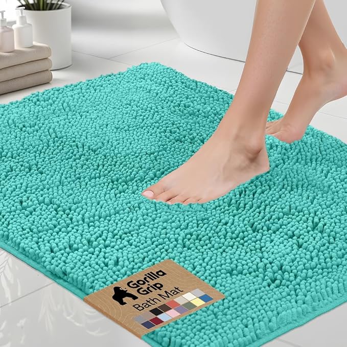GORILLA GRIP Bath Rug Mat 36x24, Soft Absorbent Chenille, Quick Dry Microfiber Mats, Rubber Backing Washable Shower Floor Rugs, Bathmat Runner, US Designed Bathroom Home Decor Accessories Turquoise