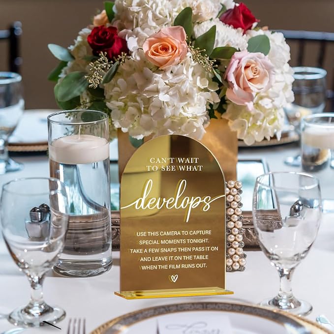 Acrylic Wedding Sign, Bridal Shower Decorations, Can't Wait to See What Develops Sign for Ceremony, Modern Font Table Signs, Gold Mirror Arched Acrylic Tabletop Signs for Wedding Reception
