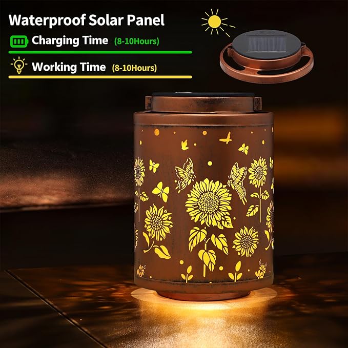 2 Pack Solar Outdoor Lanterns, Garden Decor LED Light Hanging Waterproof Solar Metal Lantern Birthday Gifts for Women Mon Grandma Sunflower Solar Lights Outdoor Decoration(Butterflies)