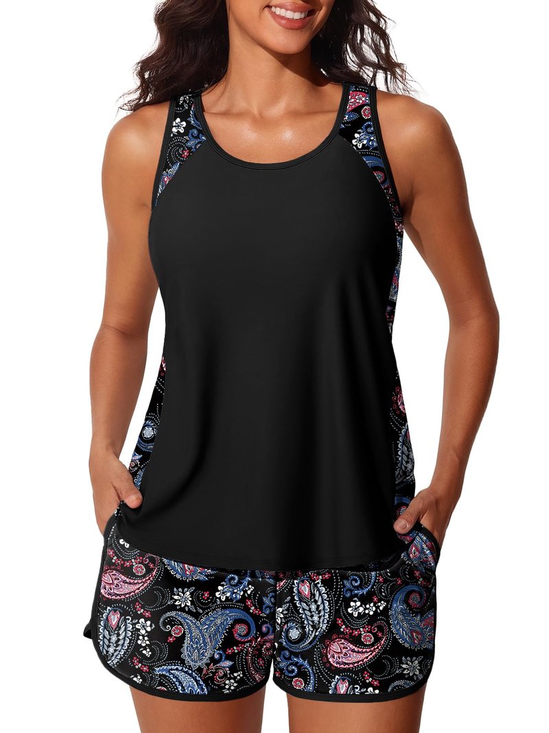 Summer Mae Blouson Tankini Swimsuits for Women 2026 Tummy Control Two Piece Bathing Suits with Sporty Pockets Swim Shorts Black Paisley Size 12