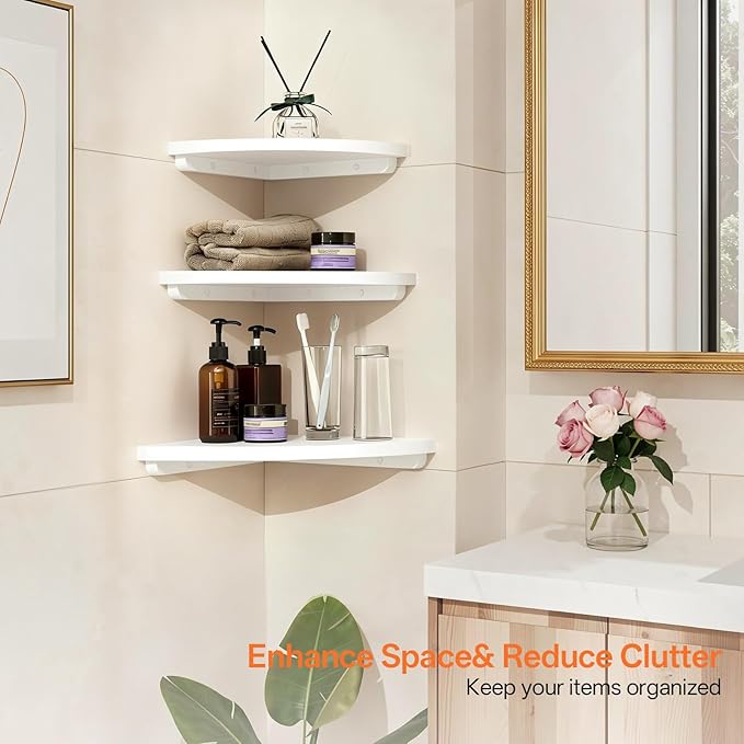 Gieanoo White Corner Wall Shelf 10inch Solid Oak Wood Floating Corner Shelf
