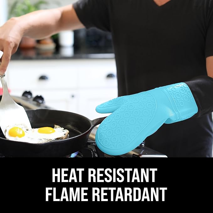 BPA-Free Soft Silicone Oven Mitts - Ultra Heat Resistant Oven Mitts with Thick Cotton Liner - Extra Long Slip Resistant Pot Holders, Flexible Oven Gloves - Aqua/Black 14.7"