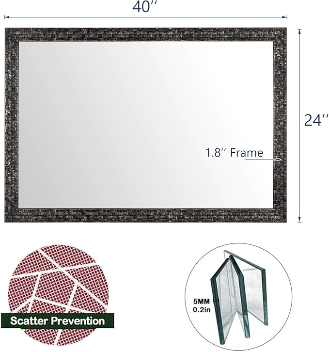 Bathroom Mirrors 40x24 Inch for Wall, Modern Rectangle Black Frame Wall Mounted