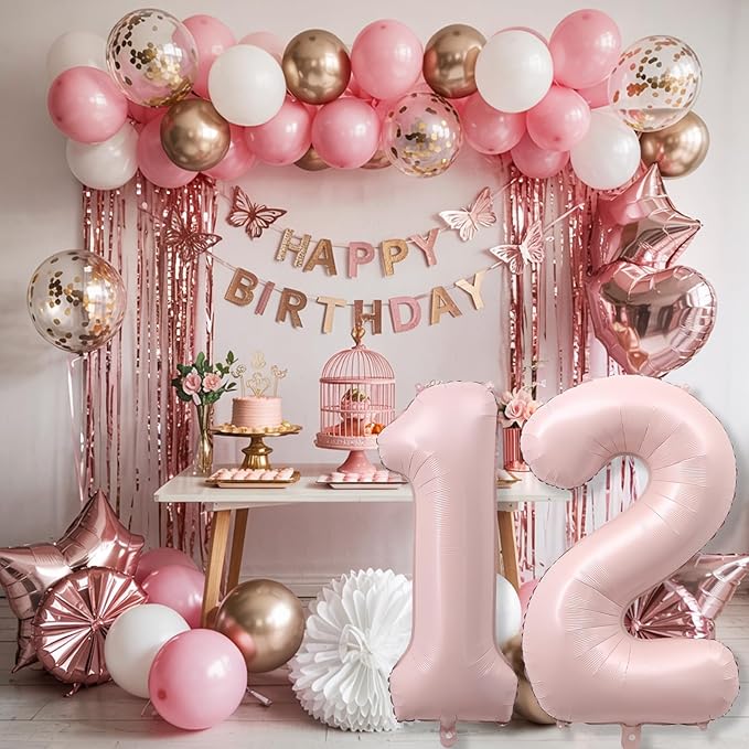 Pastel Pink 12 Balloons Number for Girls, 40'' Self Inflating Number 12 Balloon, Big Light Blush Pink Foil 1 & 2 Helium Balloon for Women Boho Coquette 21st 12th Birthday Party Anniversary Decorations
