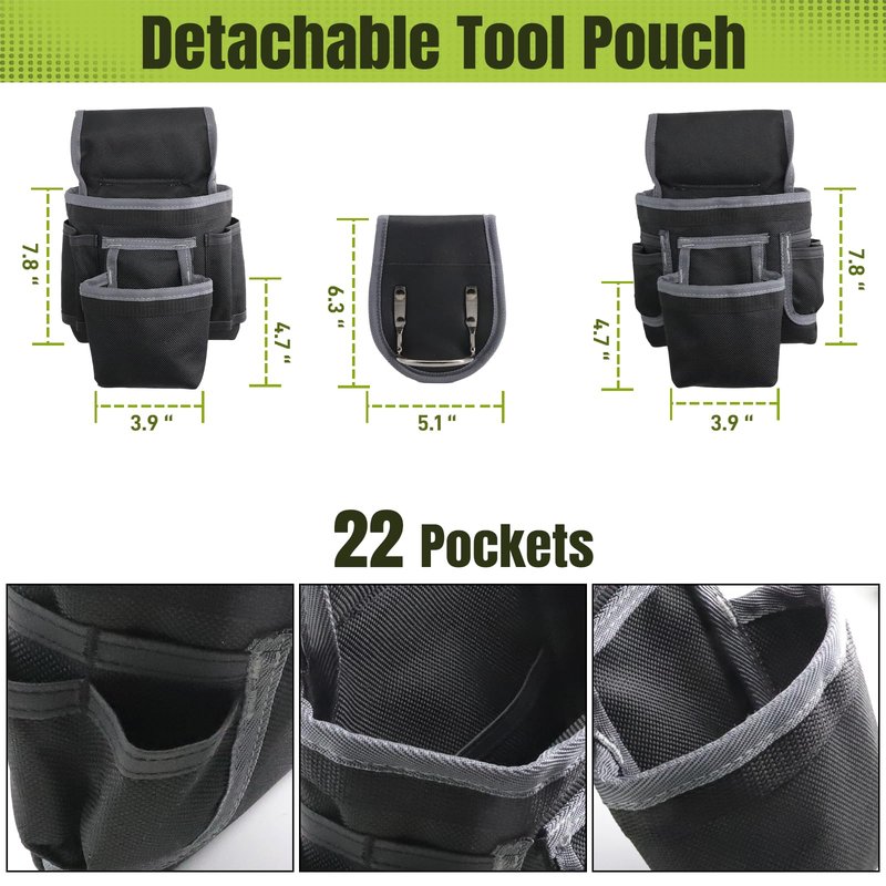 Tool Belt, Tool Belts for Men, 32 to 66 Inches Adjustable Waist, Electrician and Carpenter Tool Belt with Suspenders for Construction and Gardening, Black and Grey