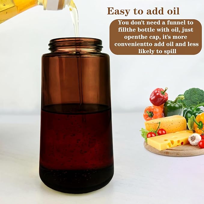 Oil Sprayer for Cooking, 16oz Olive Oil Dispenser Bottle for Kitchen Gadgets, 2 in 1 Adjustable Mist Spray and Precision Pour Spout Dark Brown Bottle with Stickers for Air Fryer, Salad