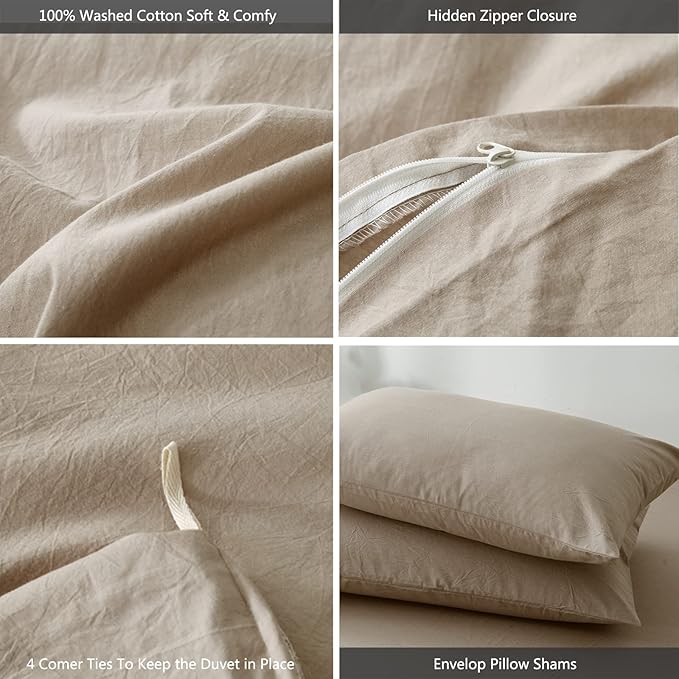 MooMee Bedding Duvet Cover Set 100% Washed Cotton Linen Like Textured Breathable Durable Soft Comfy (Heathered Taupe, King 104"x90")
