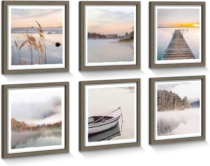 Modern Framed Lake Photo Painting: 6 Pieces Romantic Mountain Fog Prints Soft Colorful Landscape Wall Art Calming Nature Forest Water Painting Horizontal Multi View Scenery Artwork for Living Room