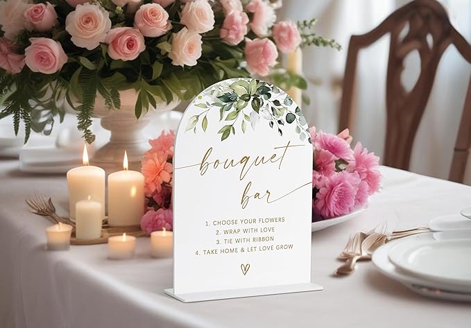 Bouquet Bar Sign, Greenery Gold Bridal Shower Decorations, Wedding Signs for Ceremony and Reception, Bouquet Bar Supplies, Engagement Decor, Acrylic Decor, Bachelorette Party Favors-18