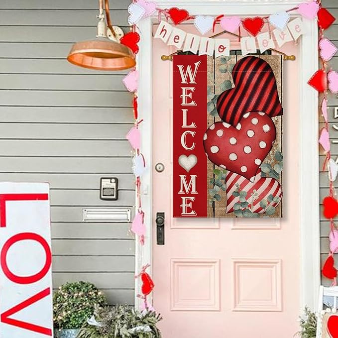 AVOIN colorlife Valentines Day Welcome House Flag 28x40 Inch Double Sided, Anniversary Love Heart Rustic Yard Outdoor Decoration