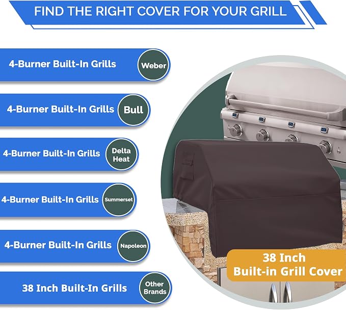 Covers & All Built-in Grill Cover for Outdoor Grill – Heavy Duty 12 oz Waterproof Built-in BBQ Grill Cover, PVC-Coated Polyester with Elastic Hem for Snug Fit (38 x 28 x 24 inches, Coffee)
