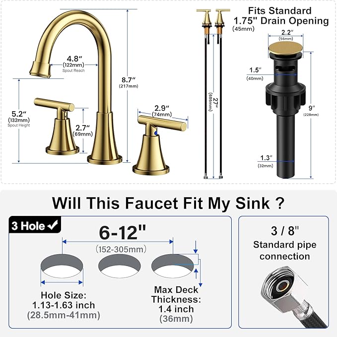 Bathroom Faucets for Sink 3 Hole, Hurran Brushed Gold Bathroom Sink Faucet with Pop-up Drain and Supply Lines, Stainless Steel Lead-Free Widespread Faucet for Vanity RV, 2 Pack