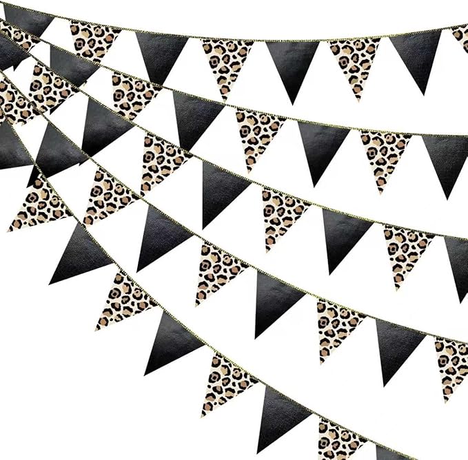Leopard Black Pennant Banner Flag Hanging Paper Triangle Bunting for Cheetah Leopard Print Animal Theme Leopard Birthday Baby Shower Bachelorette Bridal Shower Wedding Party Decorations Supplies