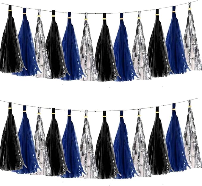 We Moment Black Navy Blue and Silvery Tissue Paper Tassels Party Tassel Garland Banner for Black Blue Party Decorations, DIY Kits,15PCS