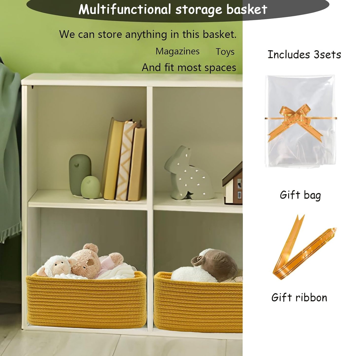 COMFY-HOMI 11.5"x7.5"x4.7" Storage Baskets for Organizing | Cotton Rope Woven Basket | Toy Storage Bin Box | Basket for Shelves, Closet Organizer Bin, Decorative Closet Shelf, 3 Pack, Yellow
