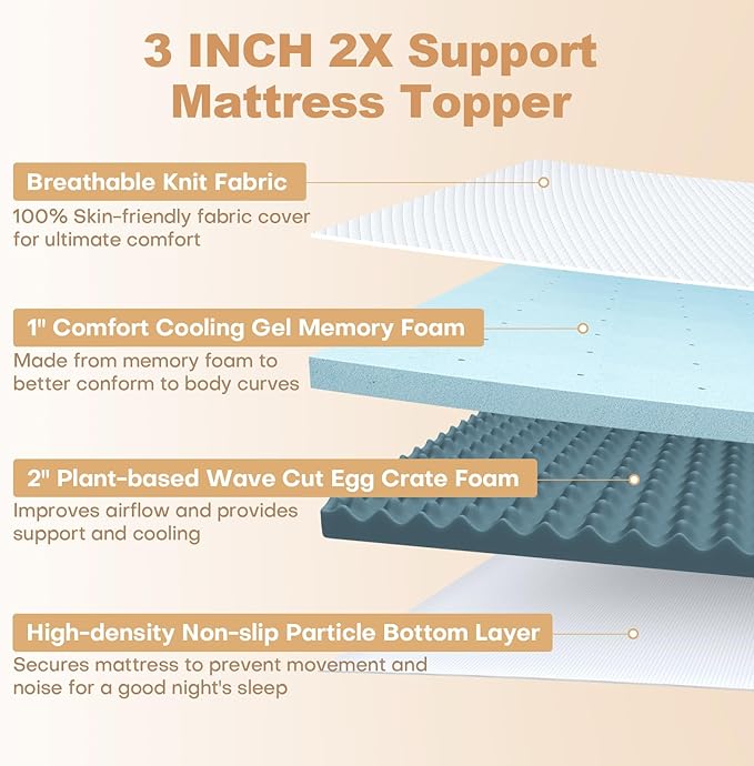 3 Inch Memory Foam Mattress Topper King Size, 2 Inch Cooling Egg Crate Gel Memory Foam Plus 1 Inch High Density Gel Bed Topper