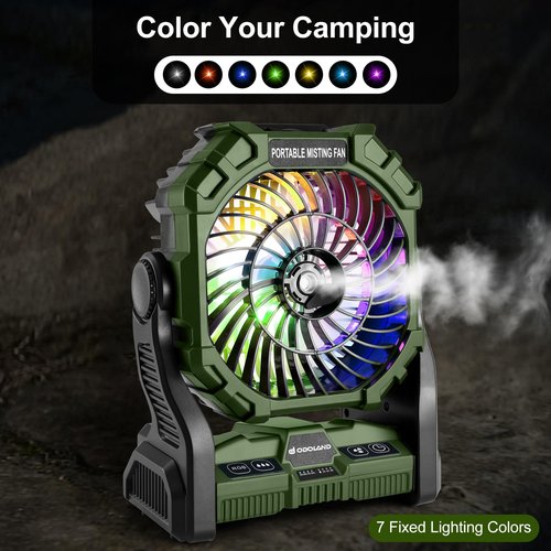 Odoland Portable Camping Fan with LED Lantern, 20000mAh Battery Operated Rechargeable Misting Fan with Light, 250mL Water Tank, Hook, Outdoor Tent Cooling Fans for Patios Beach Travel Summer, Green