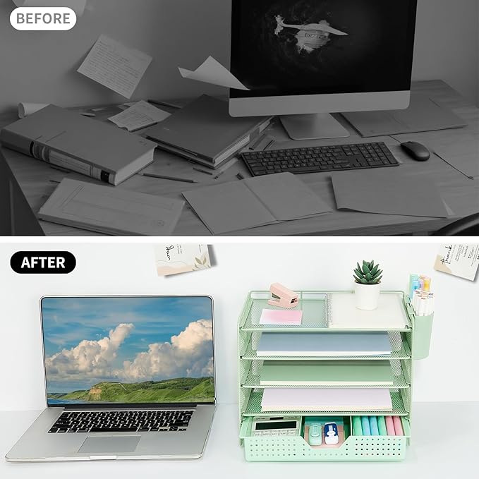 Desk Organizers and Accessories, 5-Tier Paper Letter Tray Organizer with Drawer & 2 Pen Holders, Desktop Organizer for Office Supplies (Green)