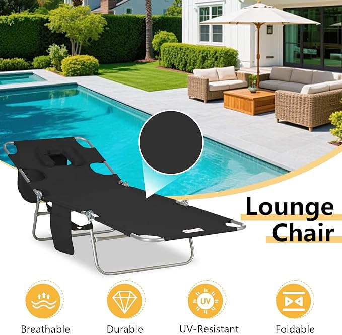 Sun Tanning Chair with Face Hole, Heavy Duty Adjustable 5-Position Folding Laying Out Chairs for Tanning, Beach Lounge Chairs for Adults for Outdoor Sunbathing Patio Pool Lawn (Black 3)