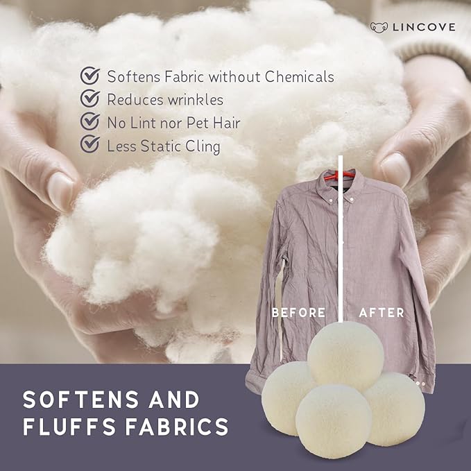 Wool Dryer Balls, 3 Pack – Natural Fabric Softener for Laundry, 100% Organic, Reusable for 1000+ Loads, Anti-Static, Reduces Drying Time, Baby Safe & Hypoallergenic Comes with Lincove Storage Bag