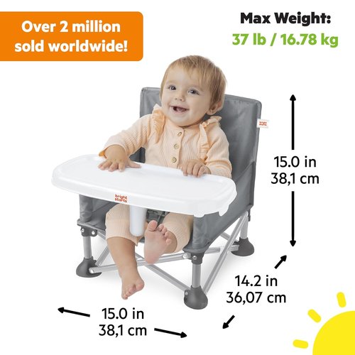 Bright Starts Pop 'N Sit Portable Booster - Versatile Floor Seat with Feeding Tray, Grey | 6 Mos - 3 Yrs