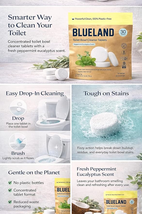 BLUELAND Toilet Bowl Cleaner Tablets. Peppermint Eucalyptus Scent. 30 Tablets.