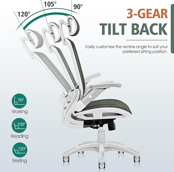 GABRYLLY Ergonomic Office Chair, High Back Home Desk Chair with Headrest, Flip-Up Arms, 90-120° Tilt Lock and Wide Cushion, 300LBS Mesh Chairs for Man Woman, White Task Chair(Olive Green,GY01WOG)