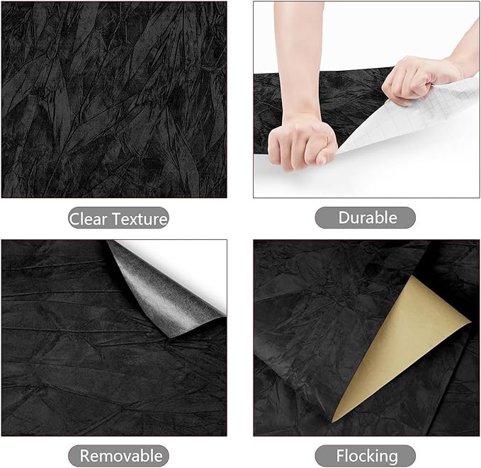 YENHOME 30"X200" Black Velvet Wallpaper Peel and Stick Black Vintage Velvet