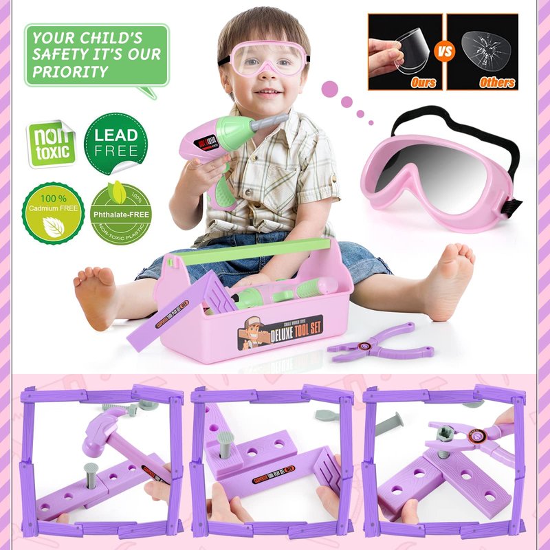 Kids Tool Set - Toddler Tool Playset with Toy Drill, Toy Tool Box, Construction Tools - Pretend Play Toddler Girl Toys Gifts for Toddlers Kids Aged 3 4 5 6 (Pink Tools)