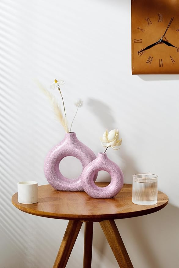 Modern Donut-Shaped Decorative Vases, Handmade Minimalist Boho ins Style, Modern Vase for Home Decor for Wedding Dinner Table Party Living Room Office Bedroom (Purple-Gold, Extra Large + Large)