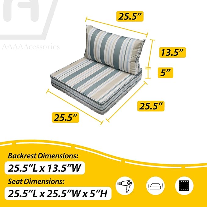 AAAAAcessories Outdoor Seat Cushions for Chairs, Fade-Resistant, Waterproof Patio Furniture Replacement Cushions, 25.5" x 25.5" x 5" + 25.5" x 13.5", Slate Gray Blue Coastal Stripe
