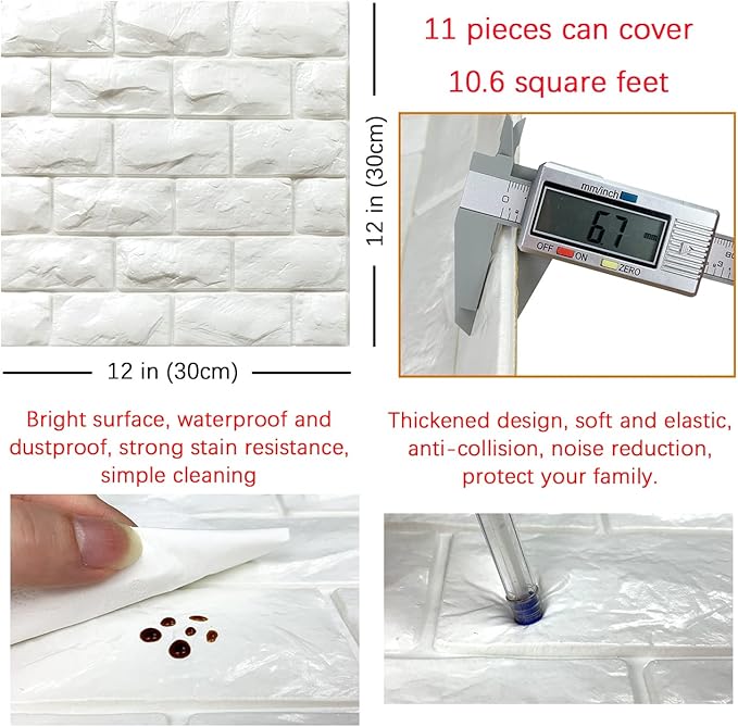 11PCS 3D Wall Panels Peel and Stick Faux Brick Wallpaper White Self Adhesive
